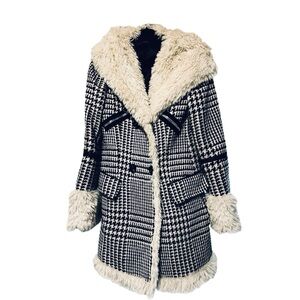 Marc Aurel Penny Lane Houndstooth Wool-Blend Coat Faux Fur Trim Size US M/EU 38